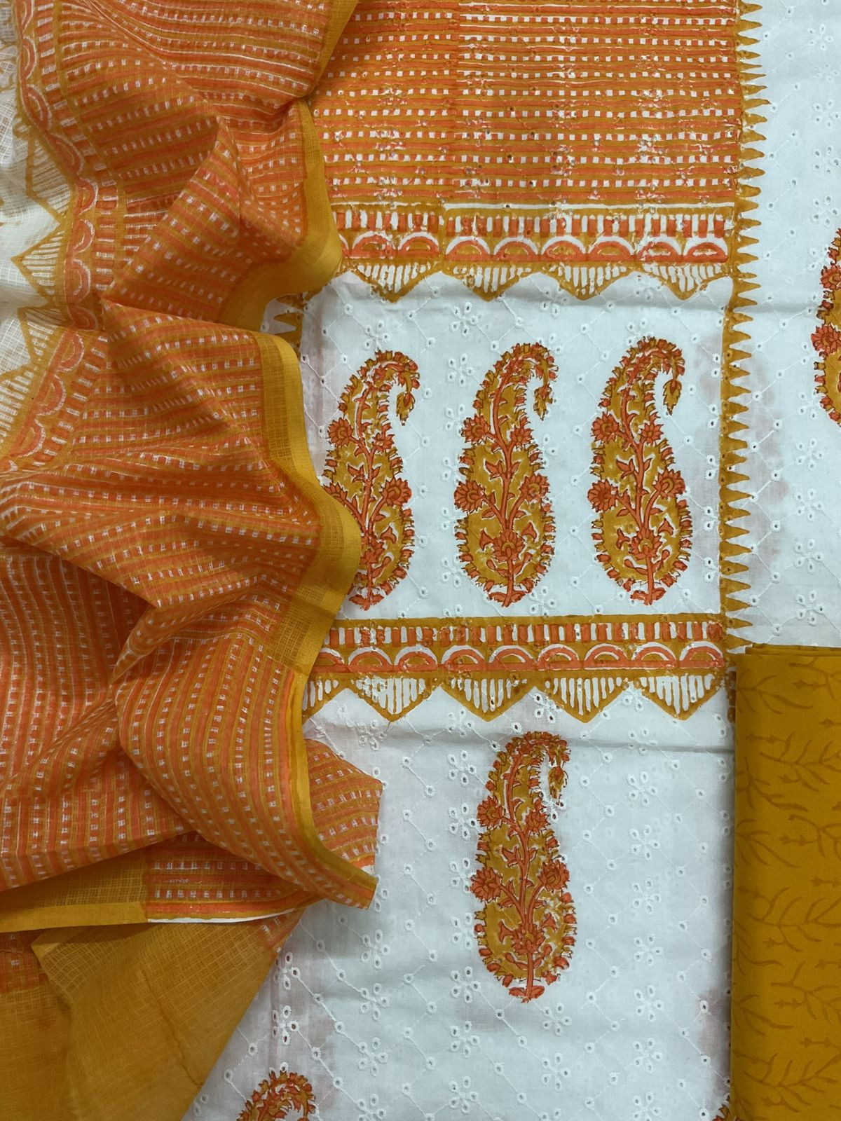 Pure Hakoba Cotton Printed Embroidered Suit - White