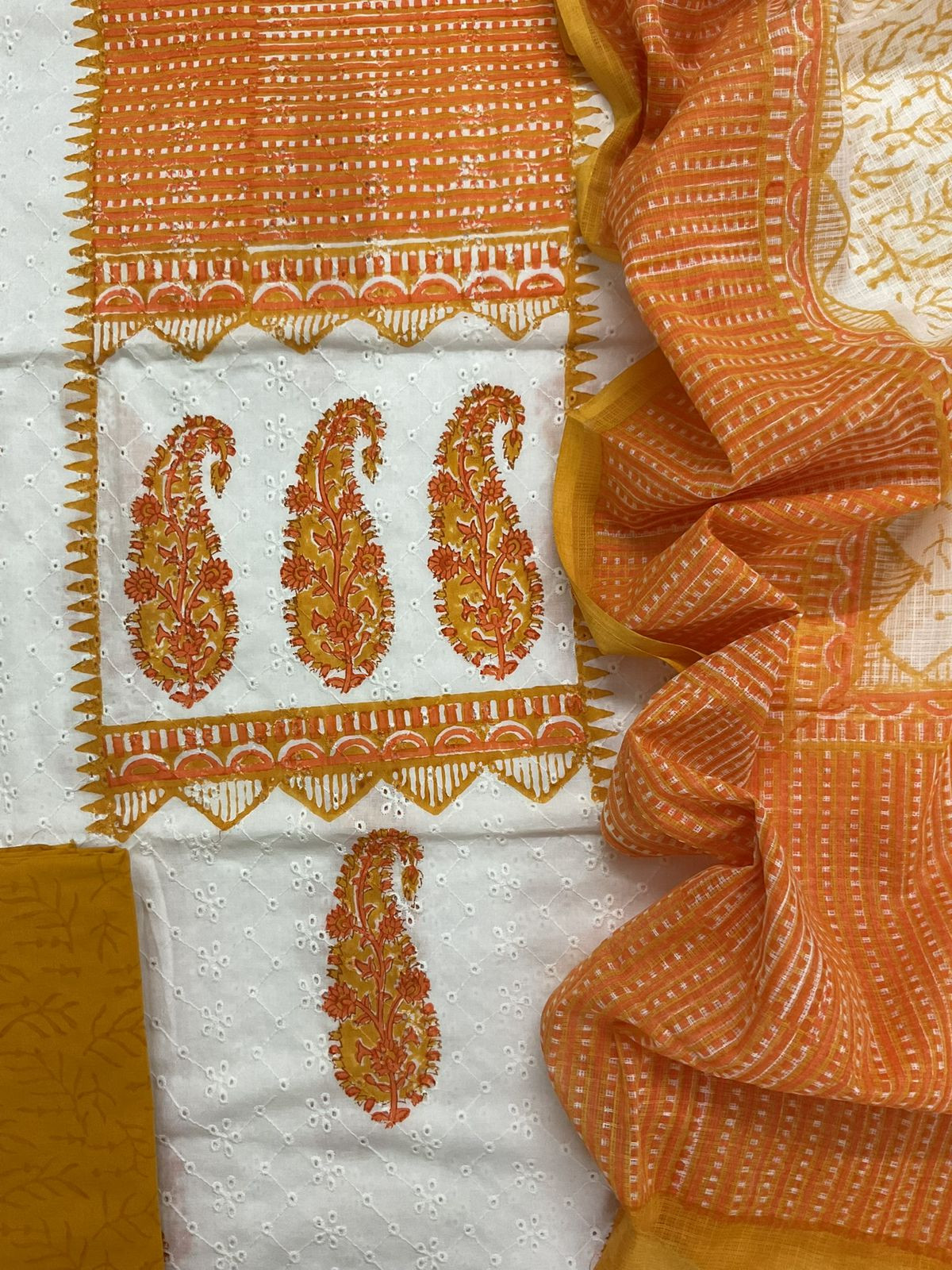 Pure Hakoba Cotton Printed Embroidered Suit - White