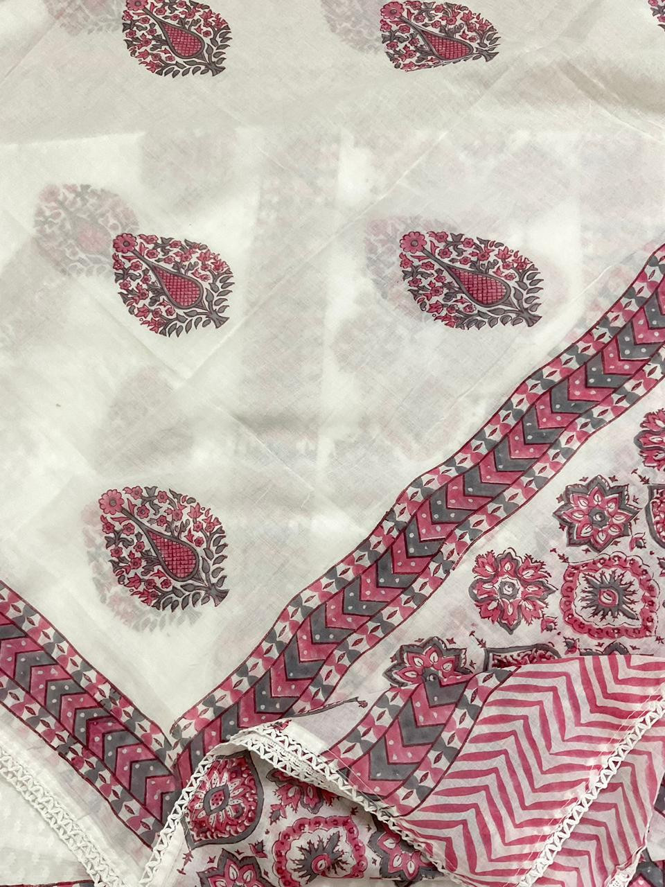 Pure Cotton Self Weaved Printed Embroidered Suit - White