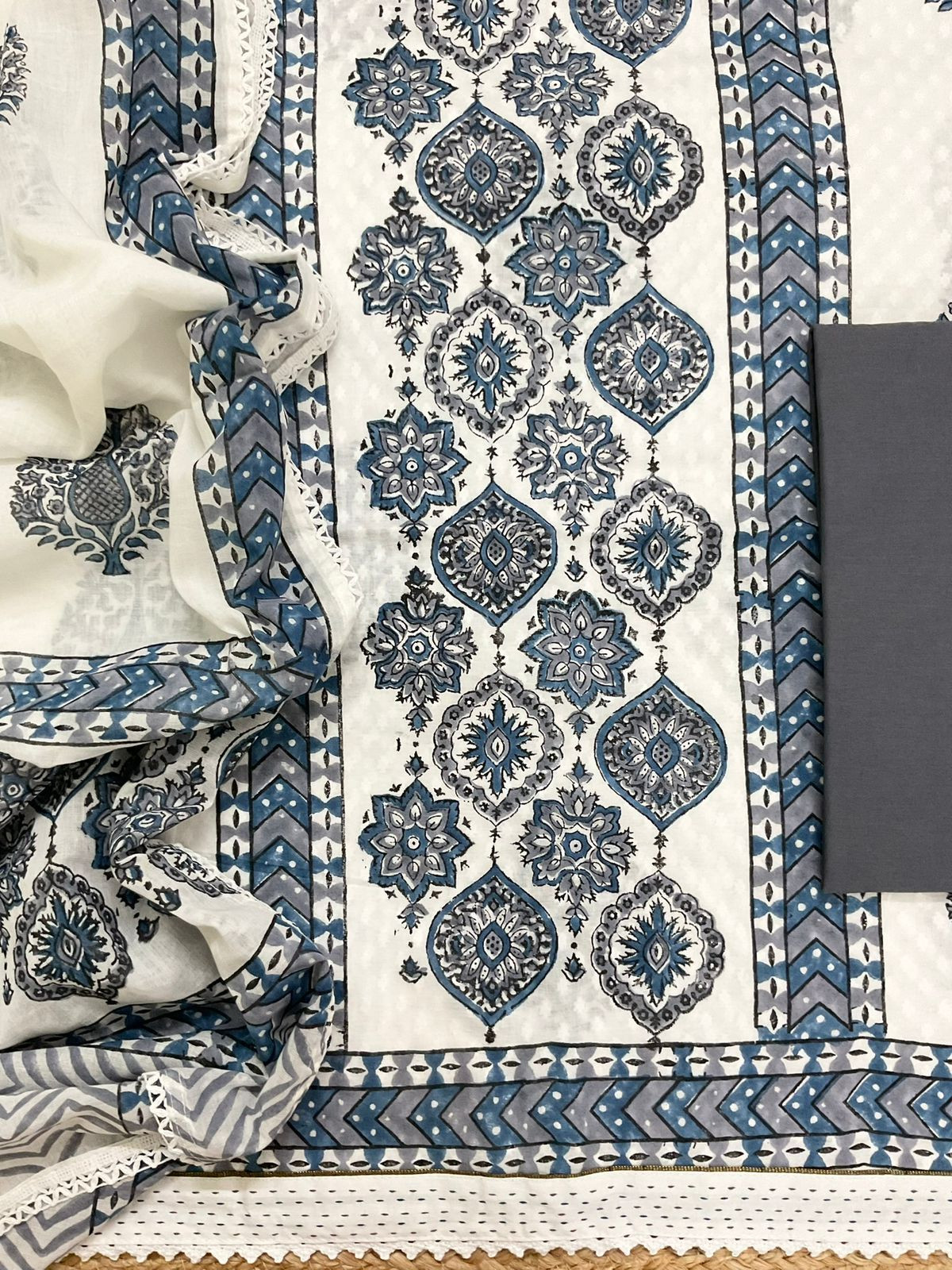 Pure Cotton Self Weaved Printed Embroidered Suit - White