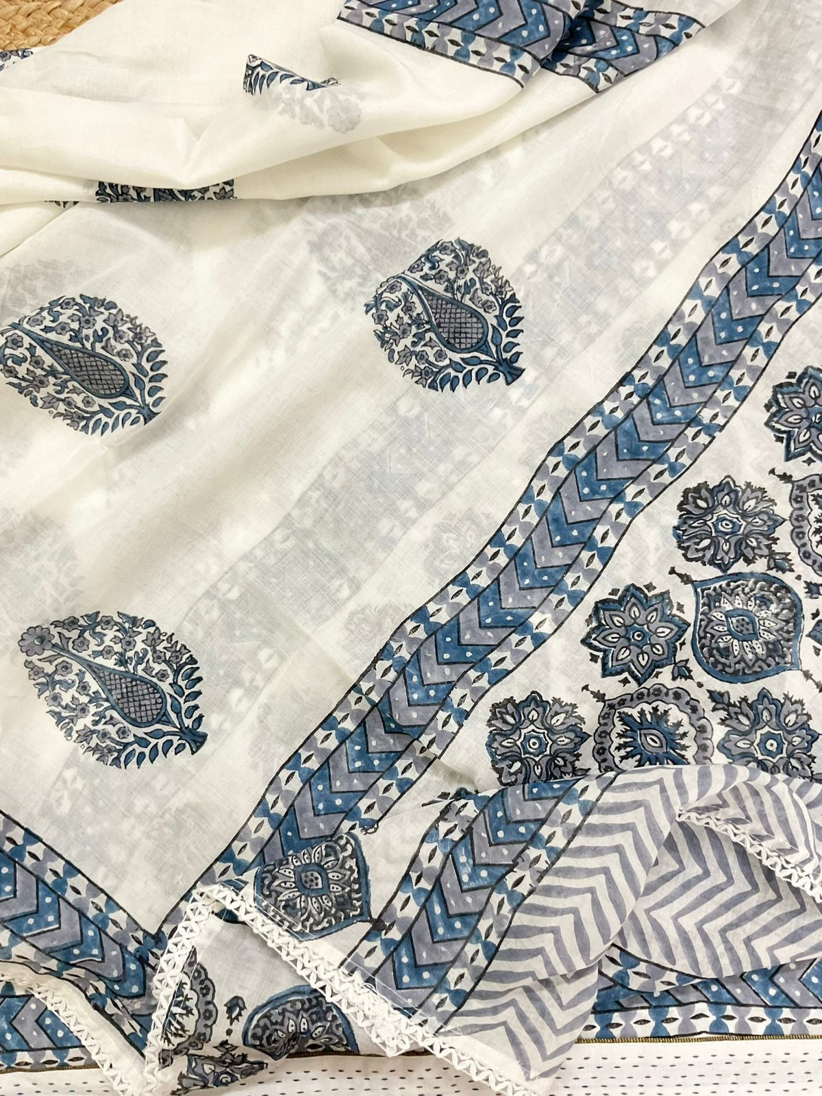 Pure Cotton Self Weaved Printed Embroidered Suit - White