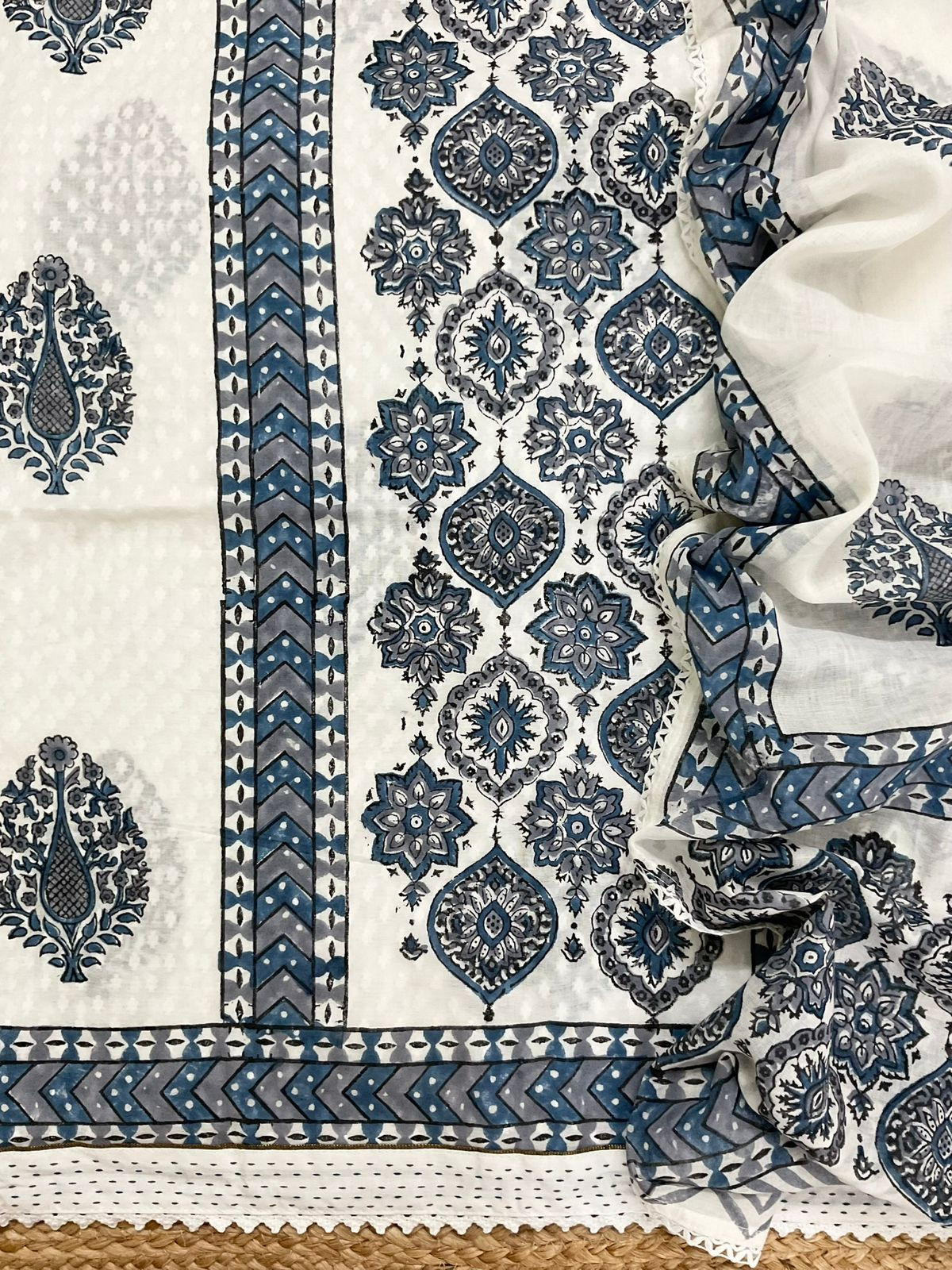 Pure Cotton Self Weaved Printed Embroidered Suit - White