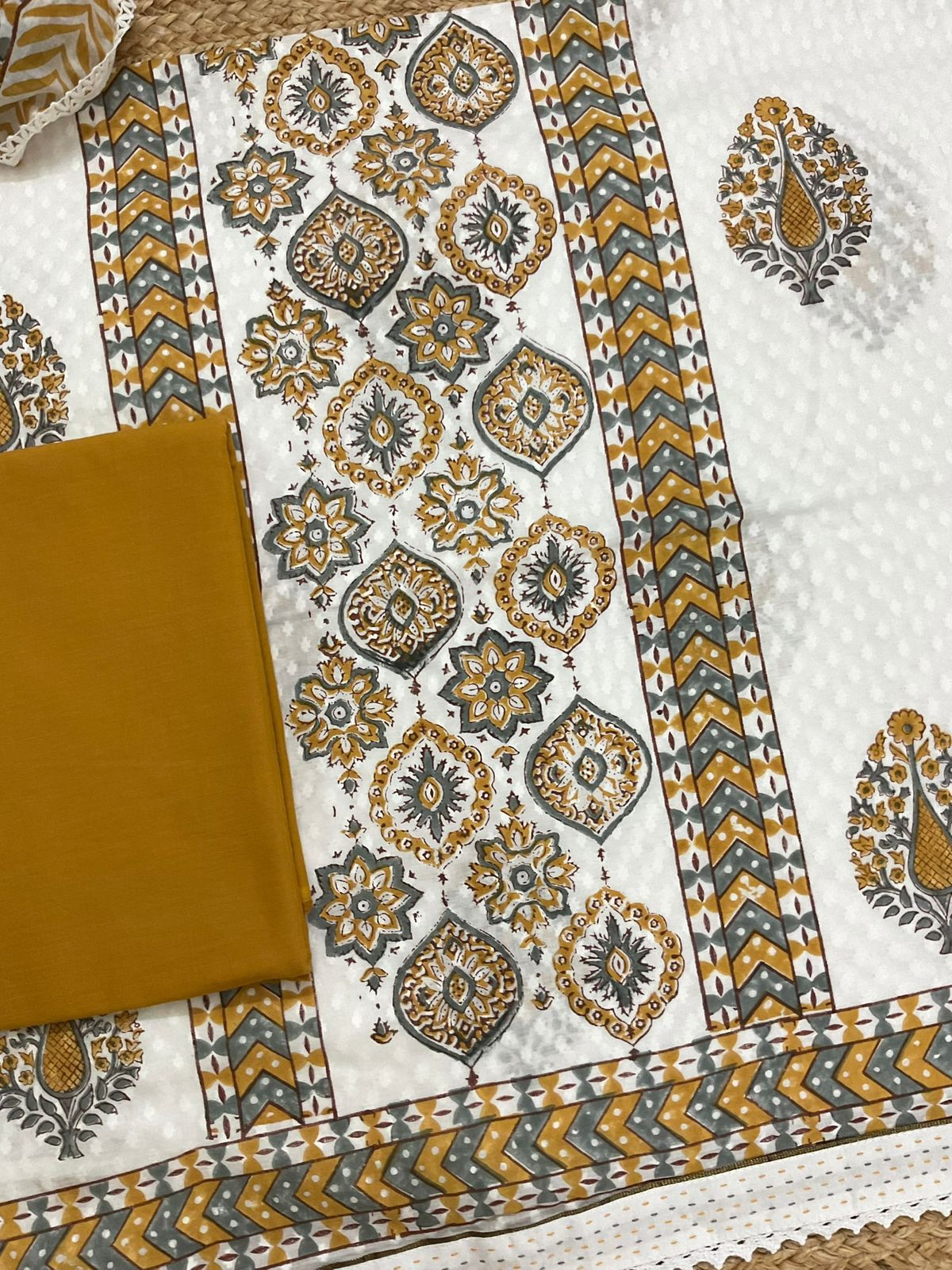 Pure Cotton Self Weaved Printed Embroidered Suit - White