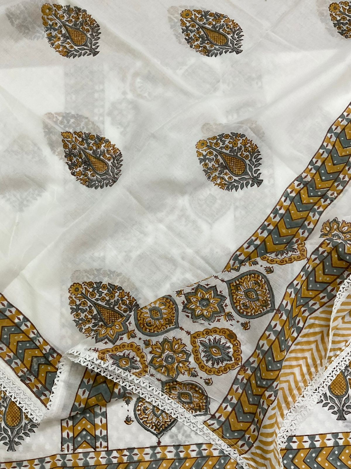 Pure Cotton Self Weaved Printed Embroidered Suit - White