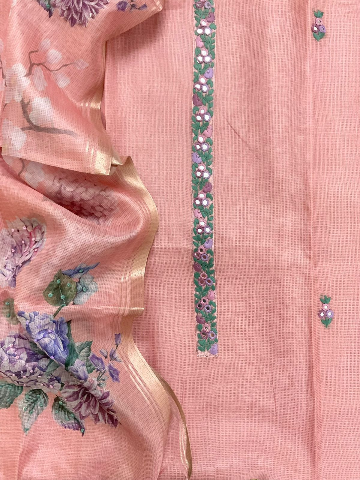 Soft Kota Silk Printed Embroidered Suit - Pink