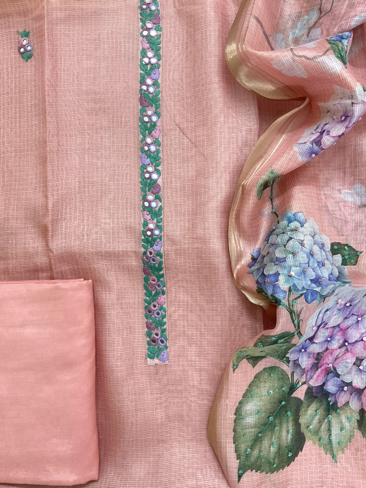 Soft Kota Silk Printed Embroidered Suit - Pink