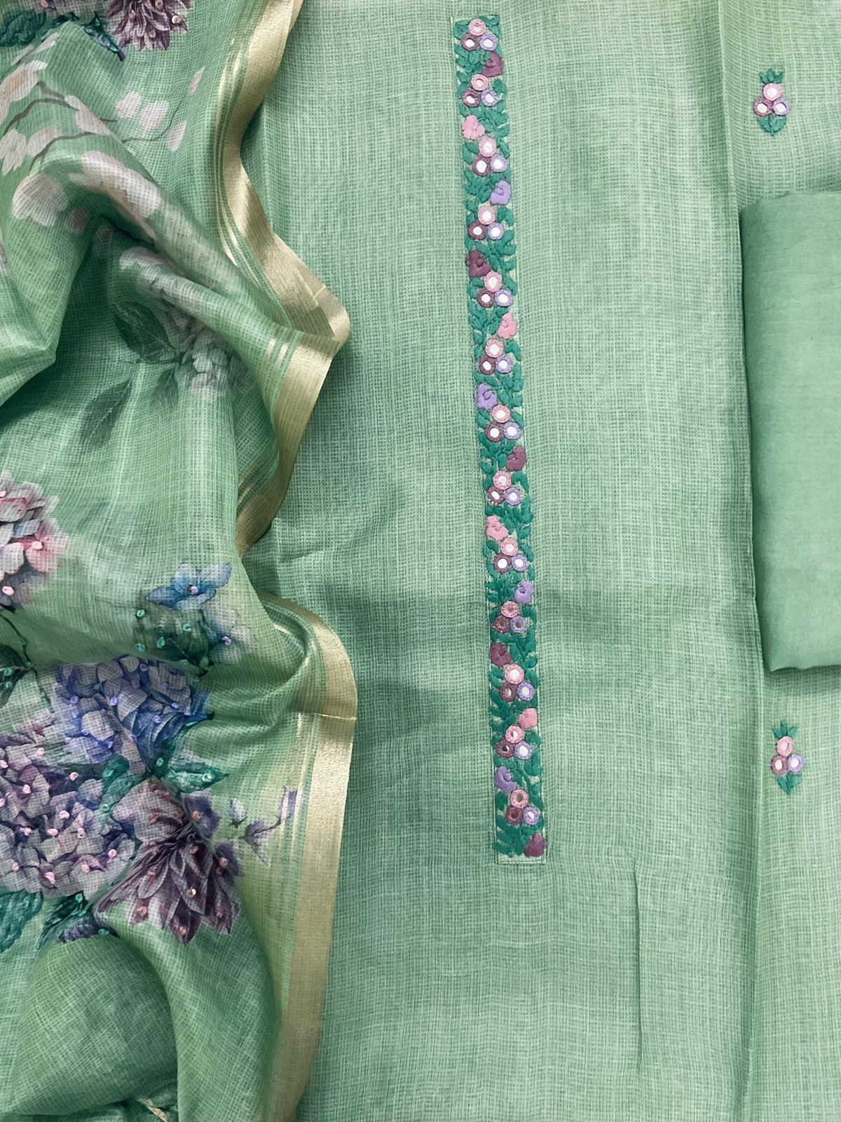 Soft Kota Silk Printed Embroidered Suit - Green