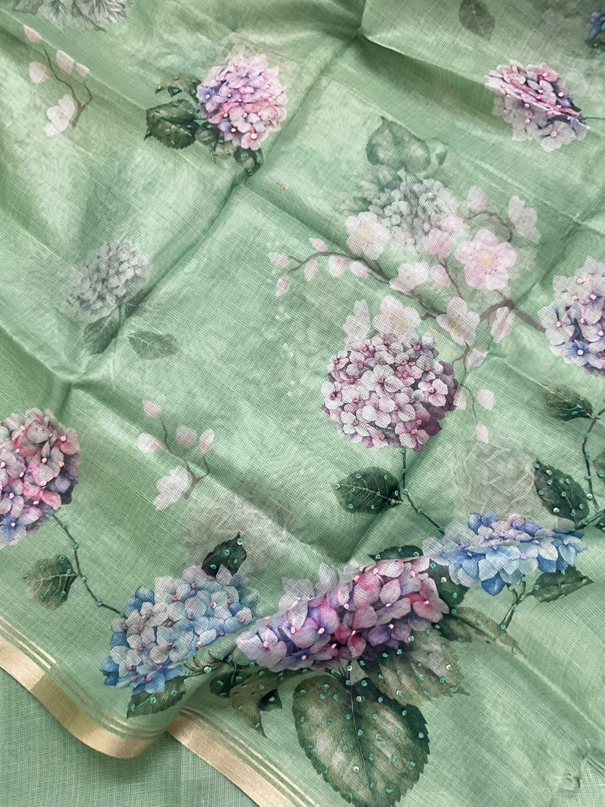 Soft Kota Silk Printed Embroidered Suit - Green