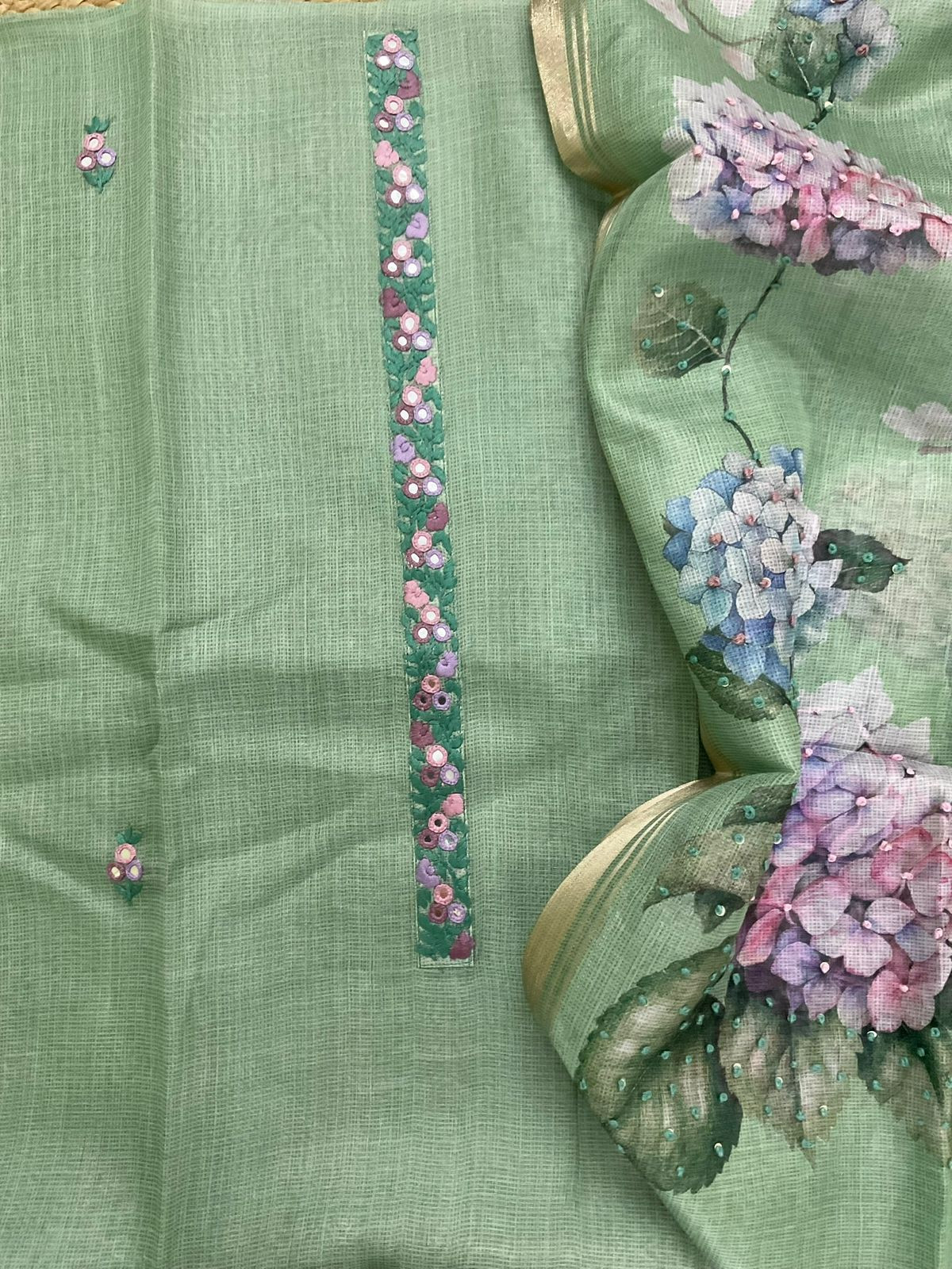 Soft Kota Silk Printed Embroidered Suit - Green