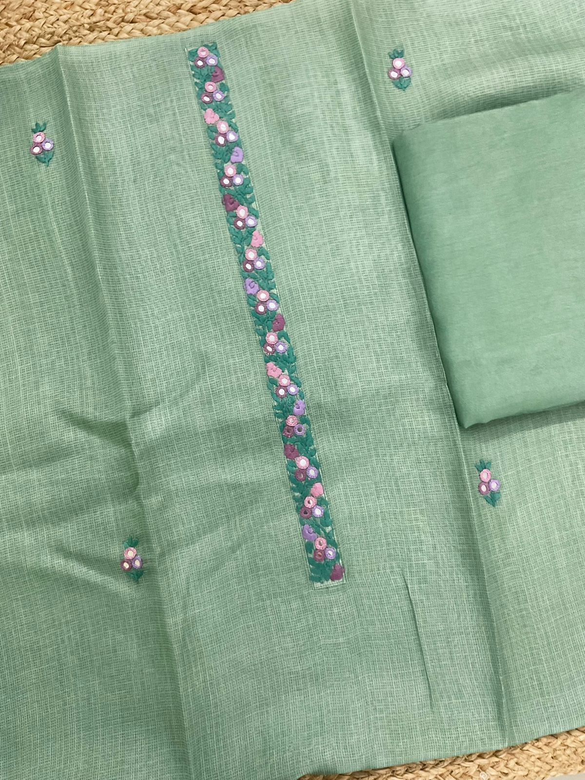 Soft Kota Silk Printed Embroidered Suit - Green