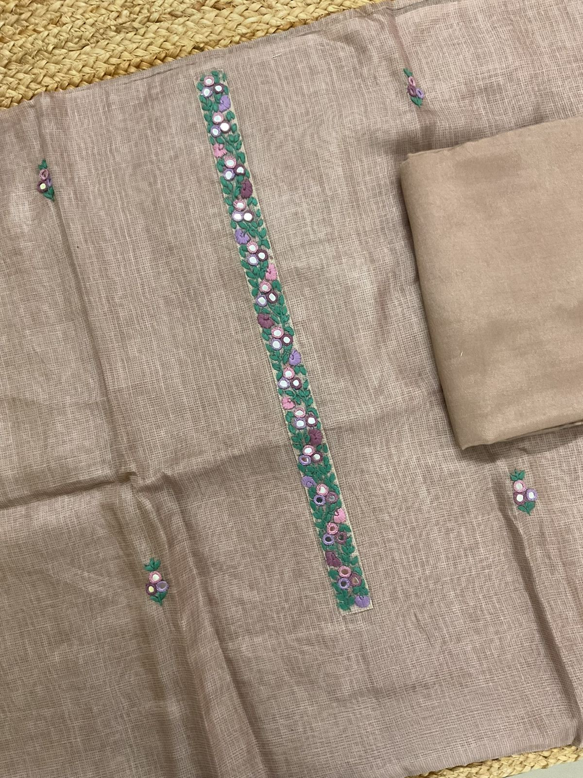 Soft Kota Silk Printed Embroidered Suit - Brown