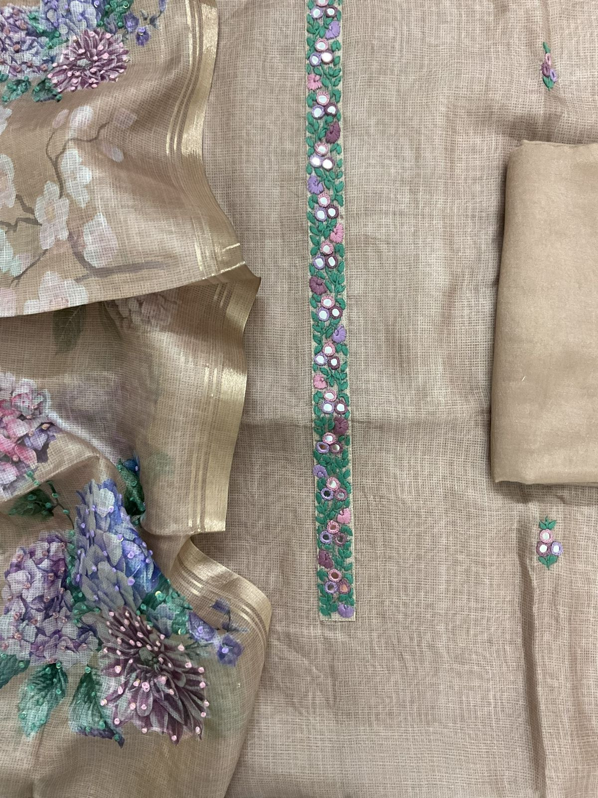 Soft Kota Silk Printed Embroidered Suit - Brown