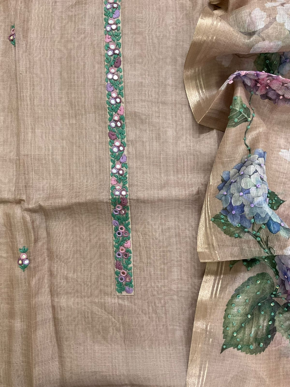 Soft Kota Silk Printed Embroidered Suit - Brown