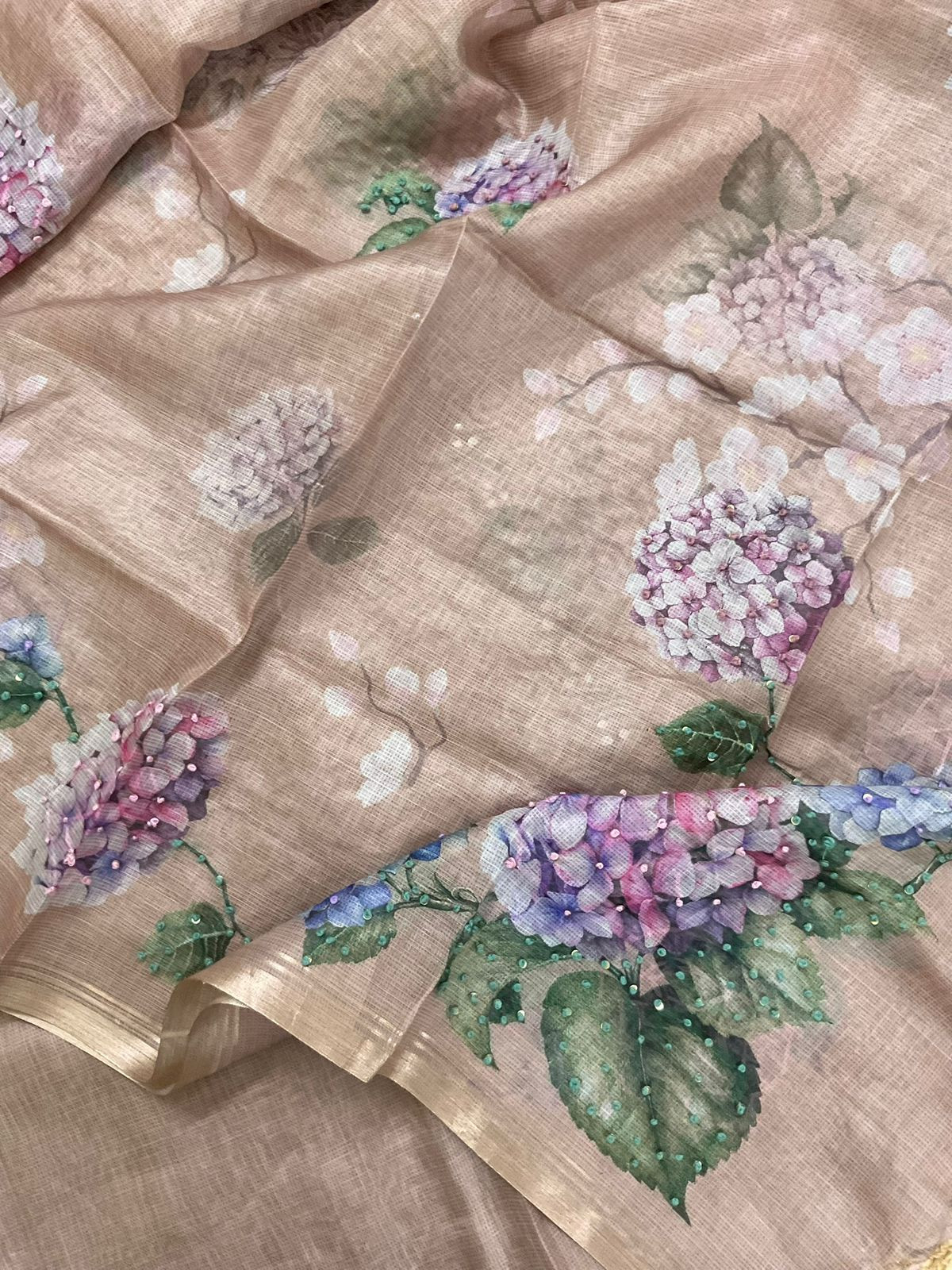 Soft Kota Silk Printed Embroidered Suit - Brown