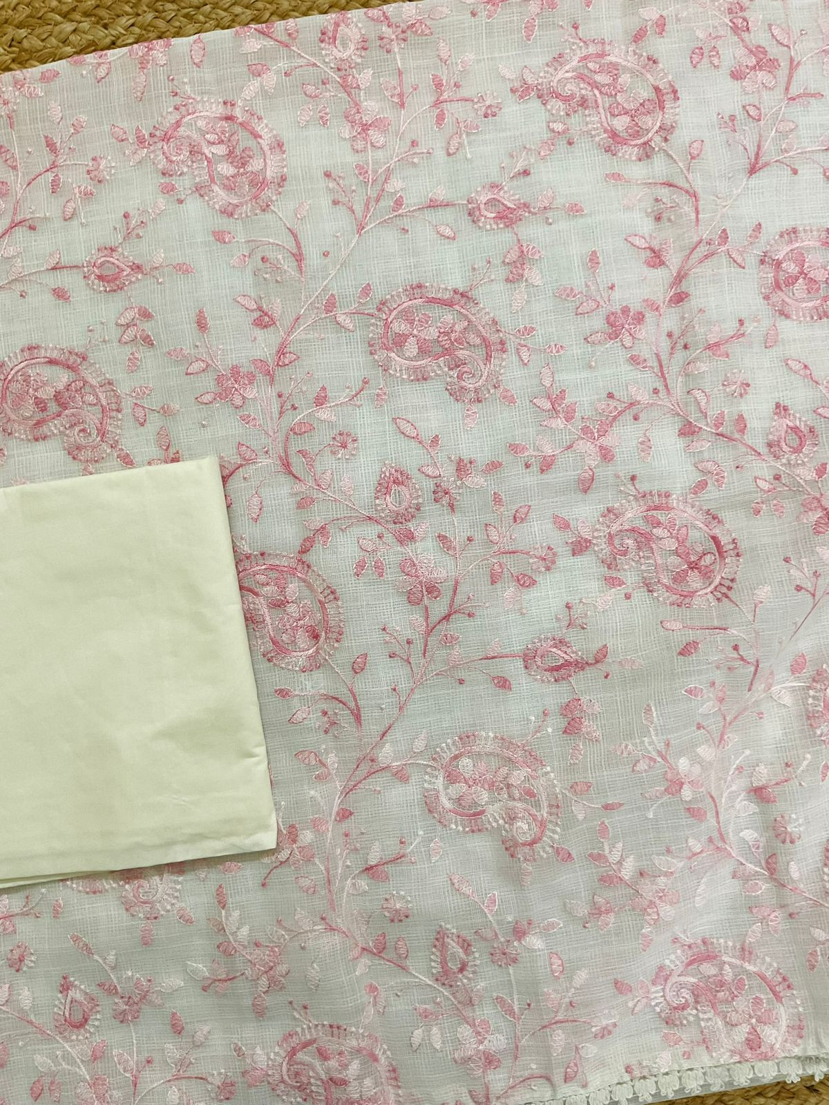 Soft Jute Kota Cotton Embroidered Suit - White