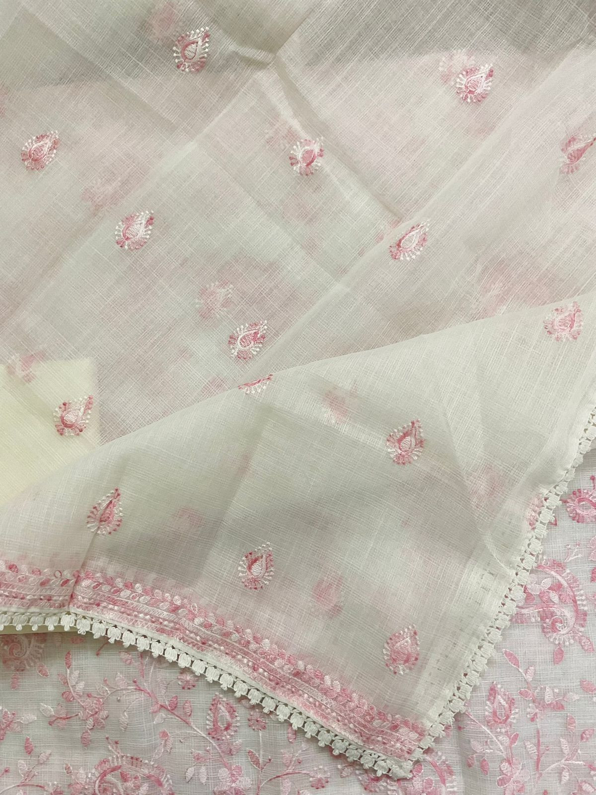 Soft Jute Kota Cotton Embroidered Suit - White