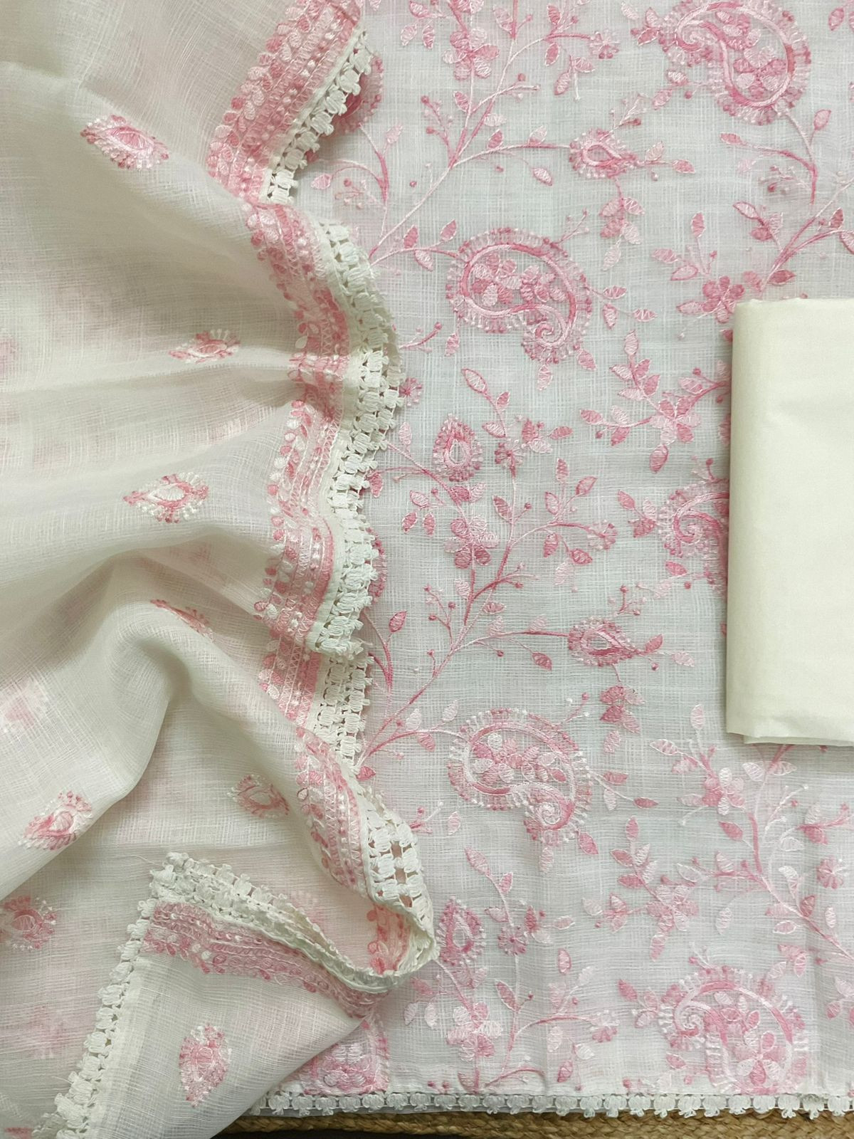 Soft Jute Kota Cotton Embroidered Suit - White