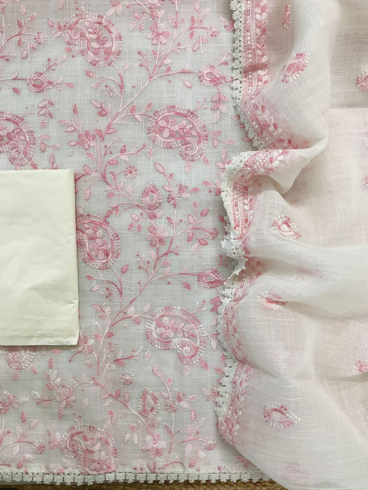 Soft Jute Kota Cotton Embroidered Suit - White