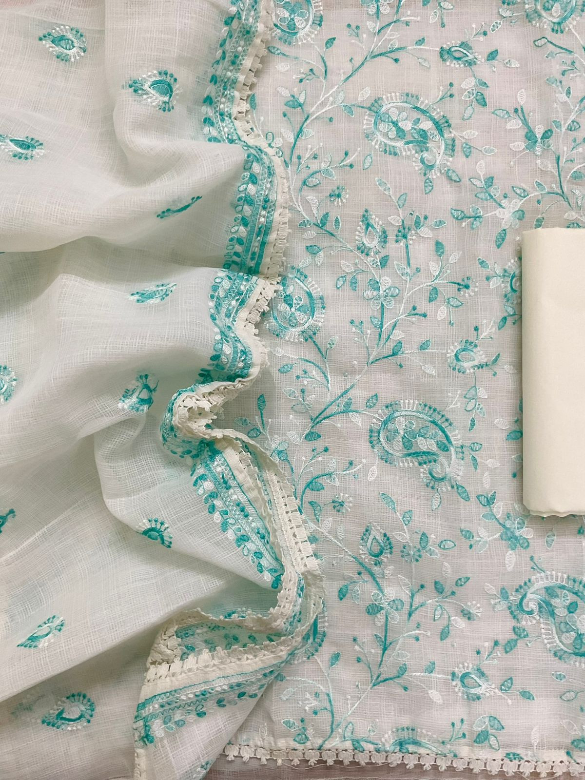 Soft Jute Kota Cotton Embroidered Suit - White