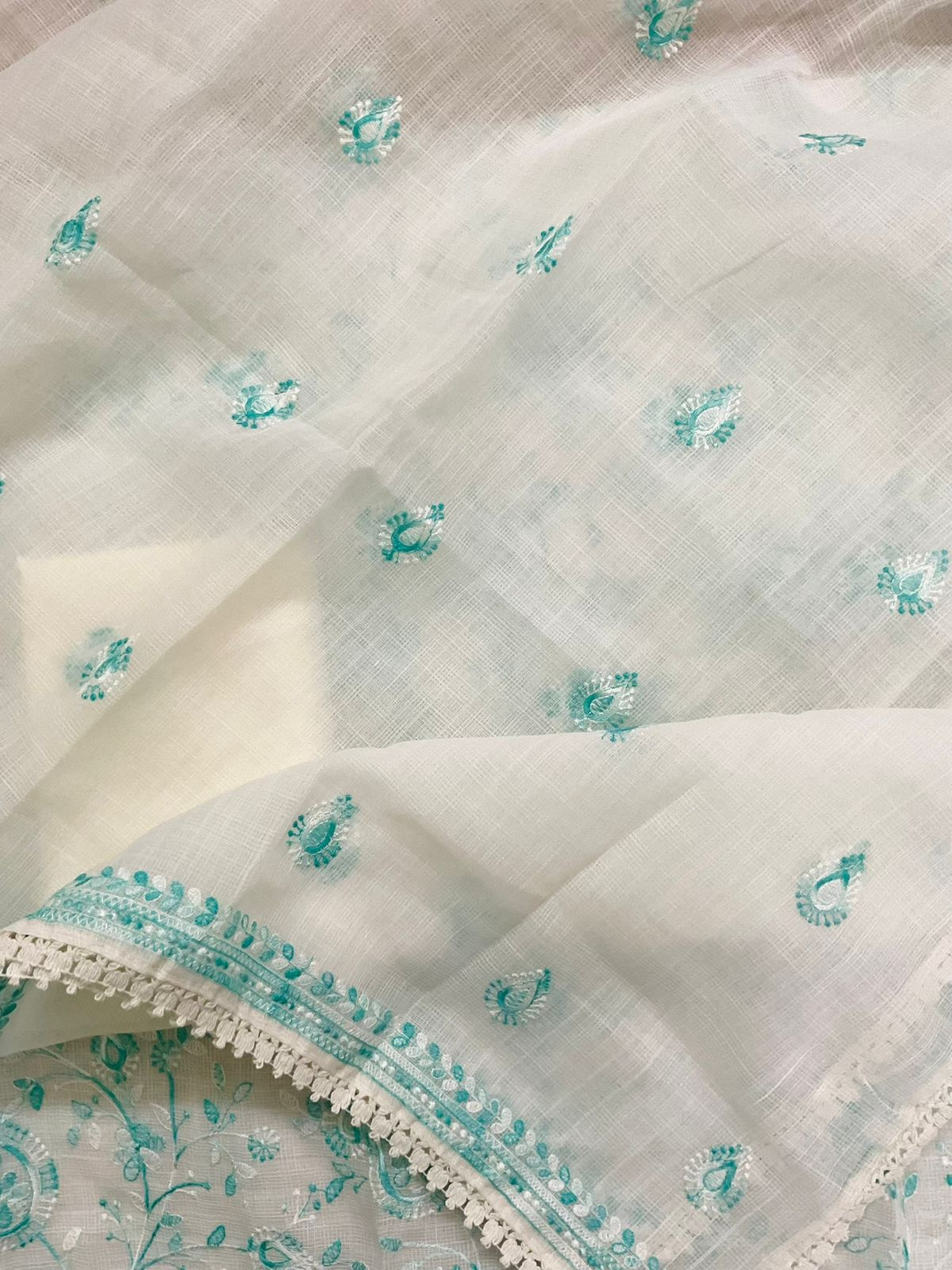 Soft Jute Kota Cotton Embroidered Suit - White
