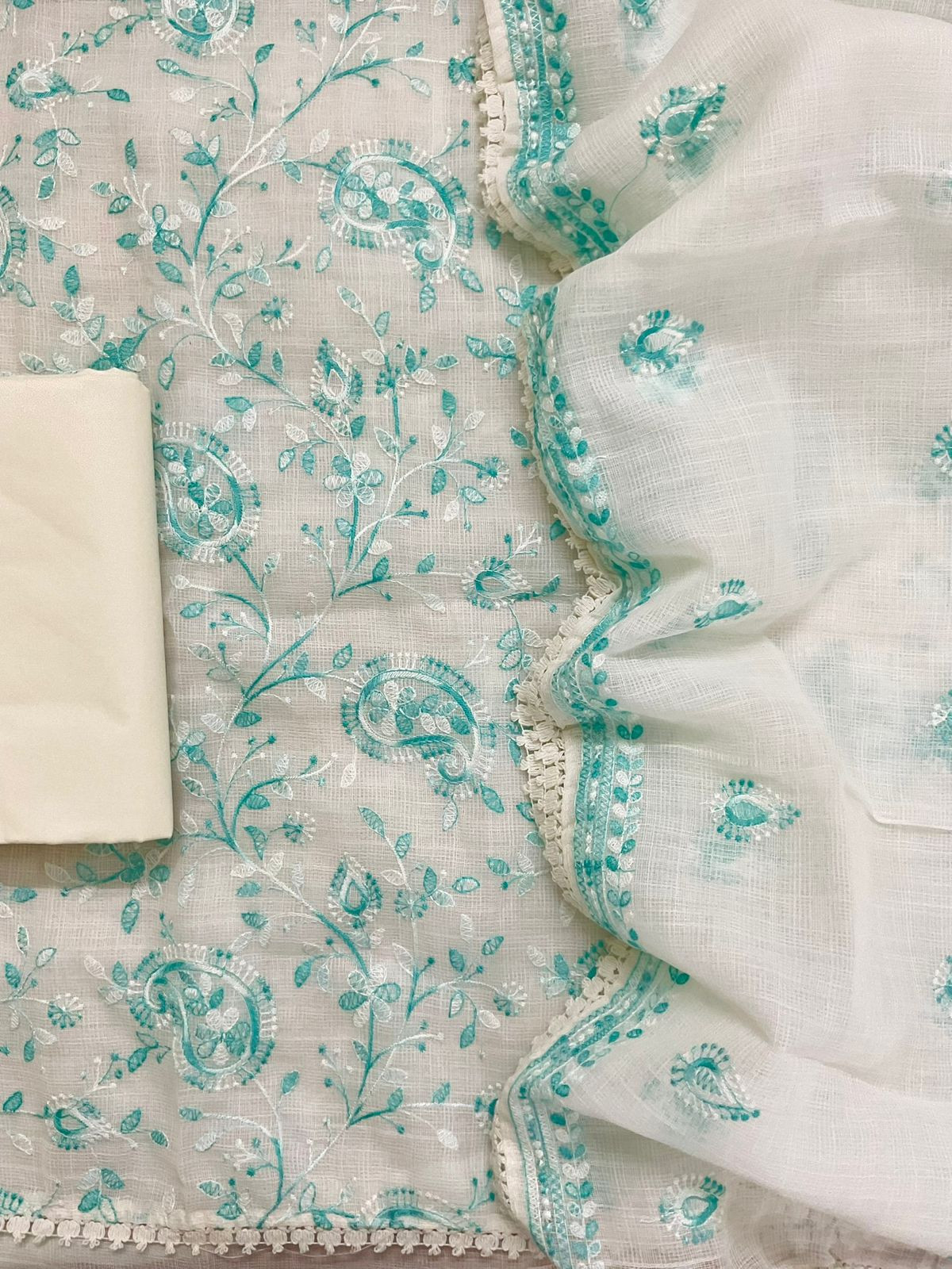 Soft Jute Kota Cotton Embroidered Suit - White