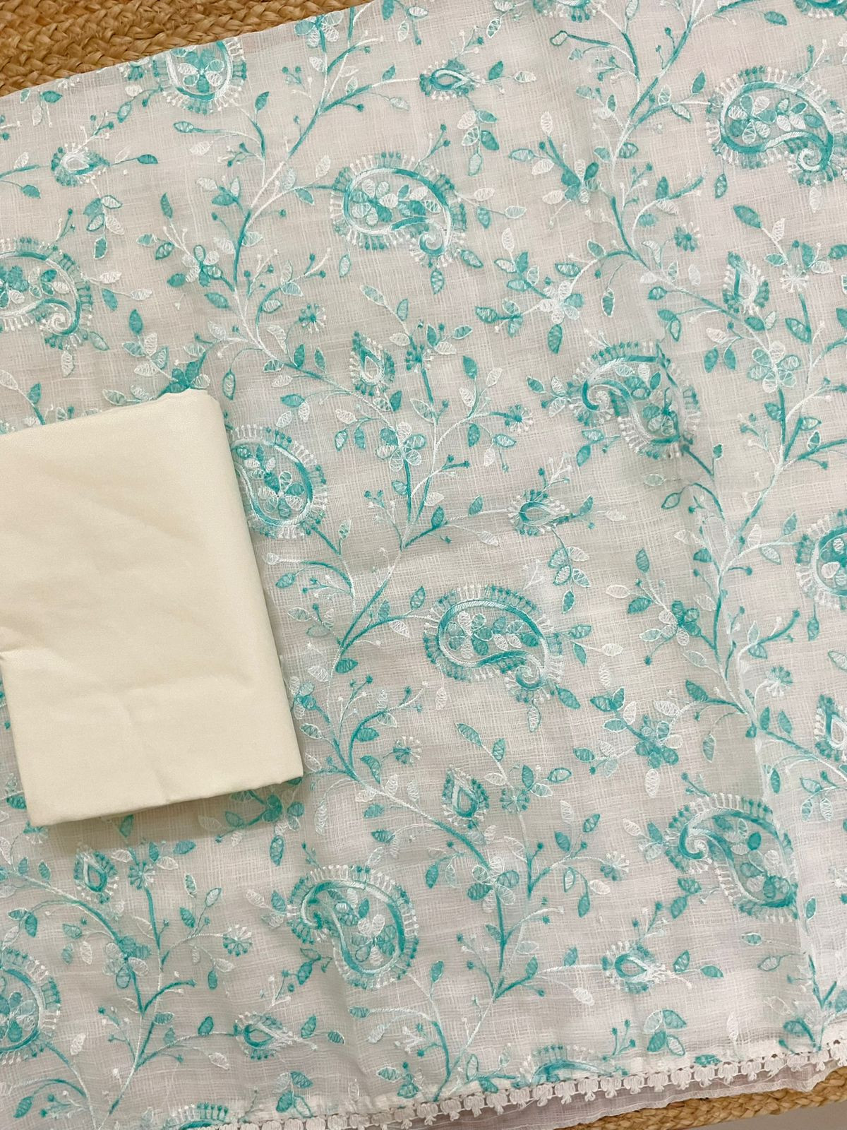 Soft Jute Kota Cotton Embroidered Suit - White