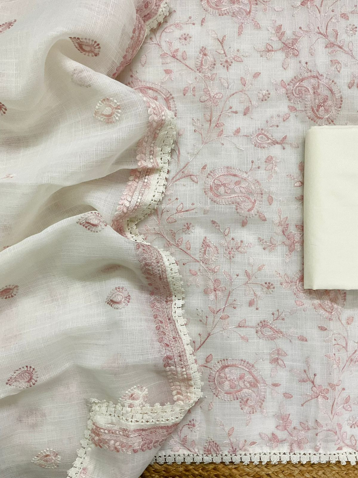 Soft Jute Kota Cotton Embroidered Suit - White