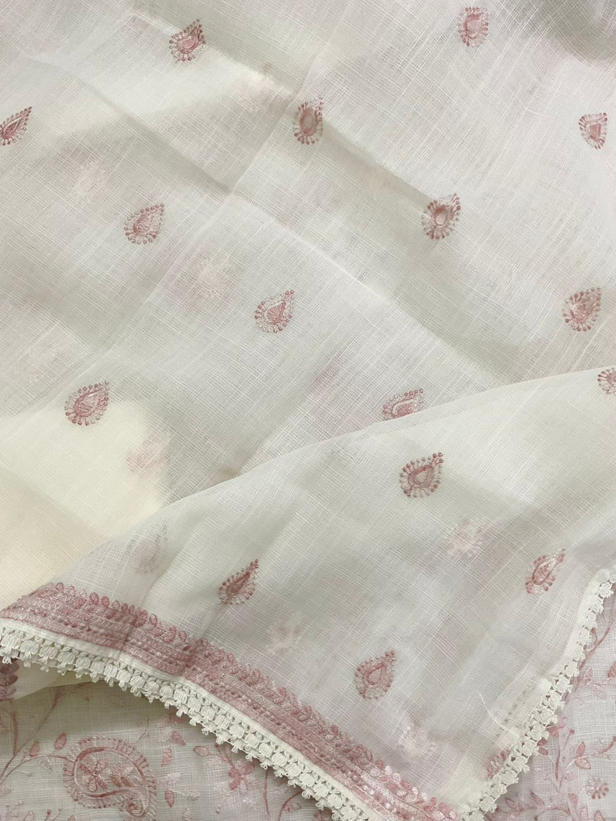 Soft Jute Kota Cotton Embroidered Suit - White