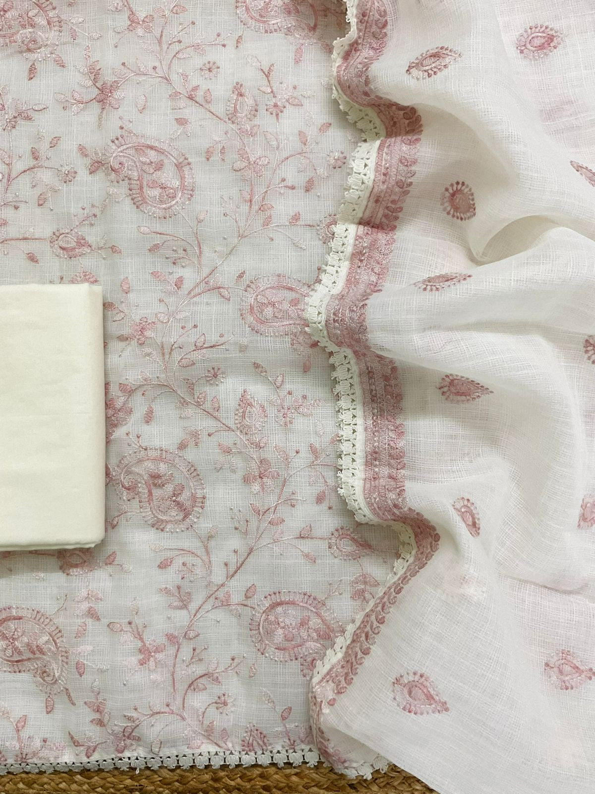 Soft Jute Kota Cotton Embroidered Suit - White