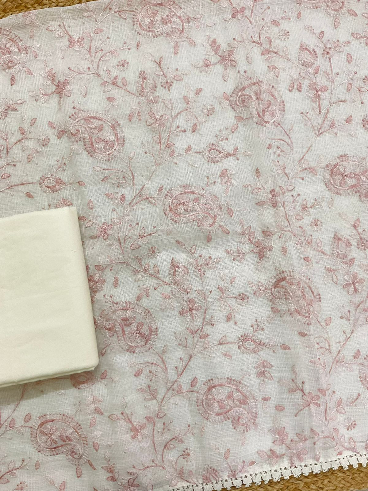 Soft Jute Kota Cotton Embroidered Suit - White