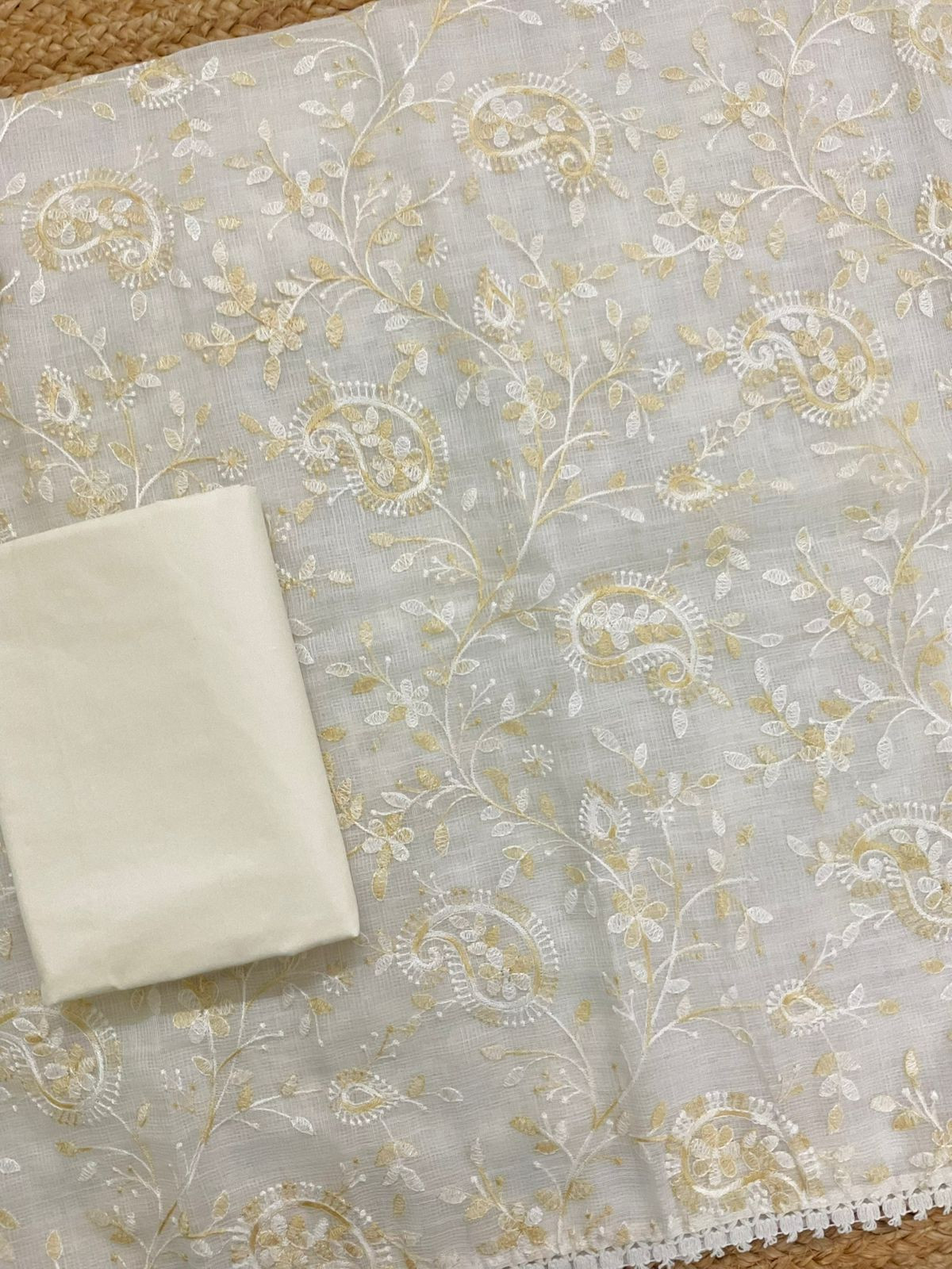 Soft Jute Kota Cotton Embroidered Suit - White