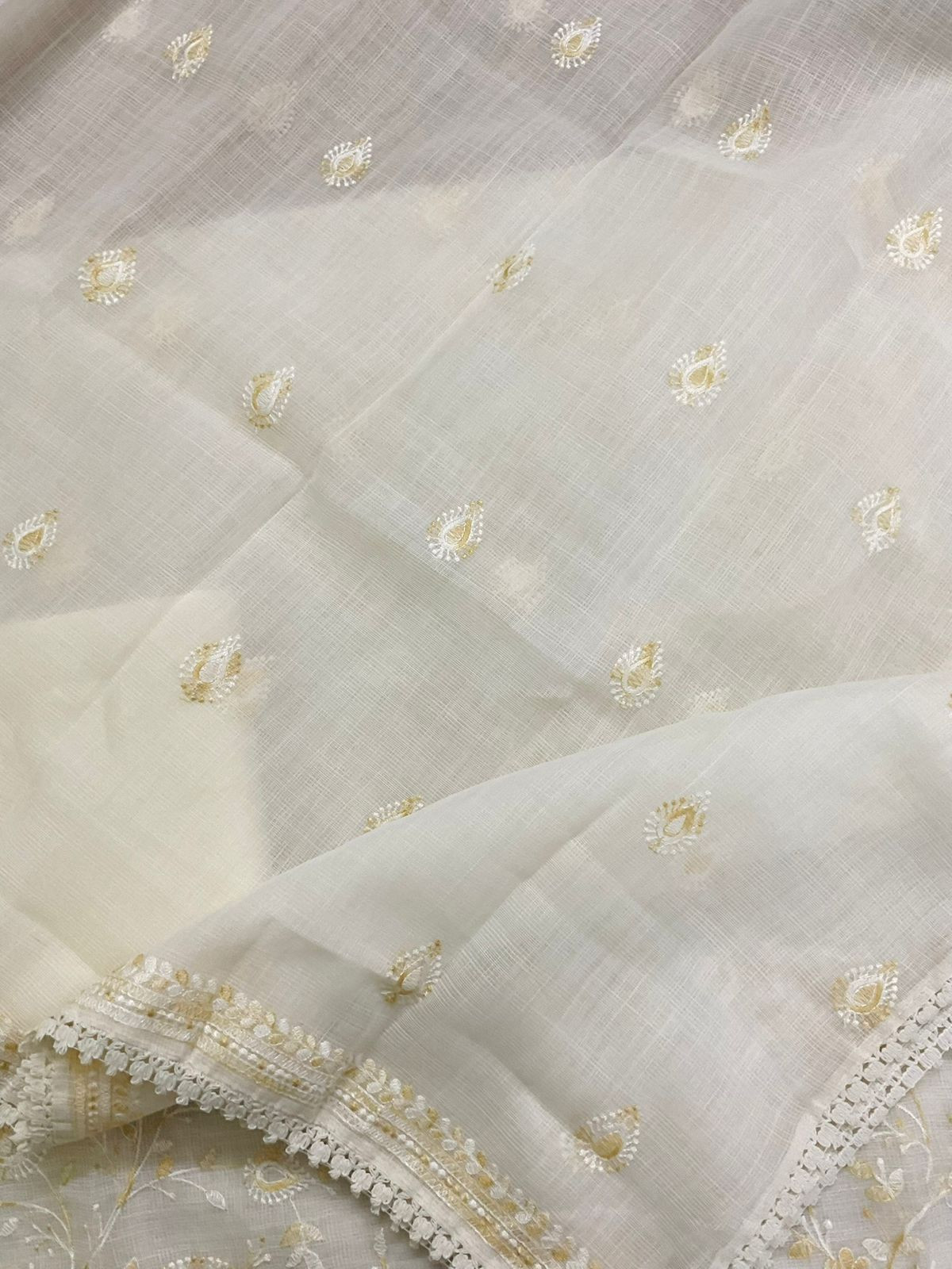 Soft Jute Kota Cotton Embroidered Suit - White