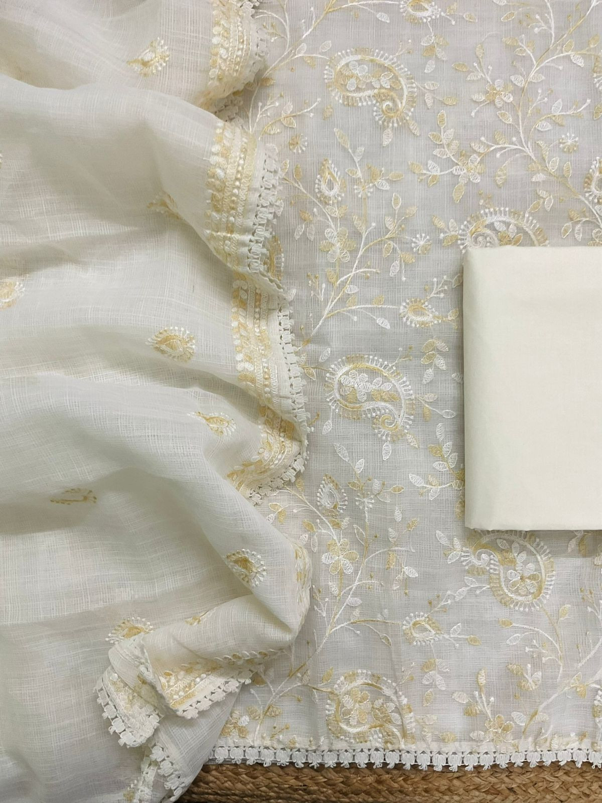 Soft Jute Kota Cotton Embroidered Suit - White
