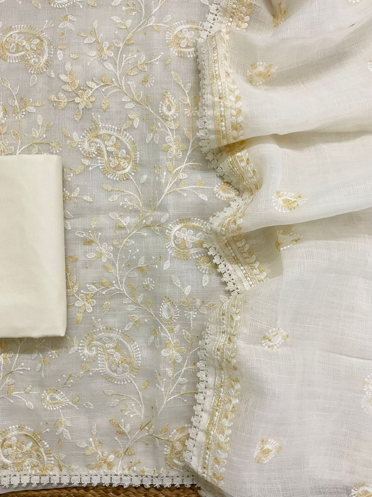 Soft Jute Kota Cotton Embroidered Suit - White