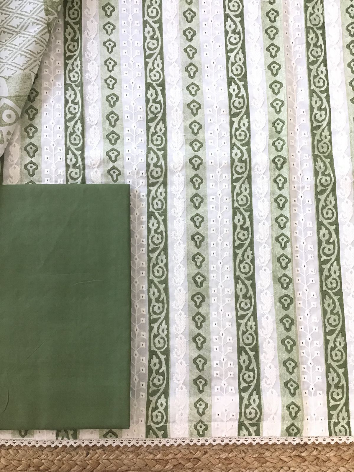 Pure Cotton Printed Embroidered Suit - Green