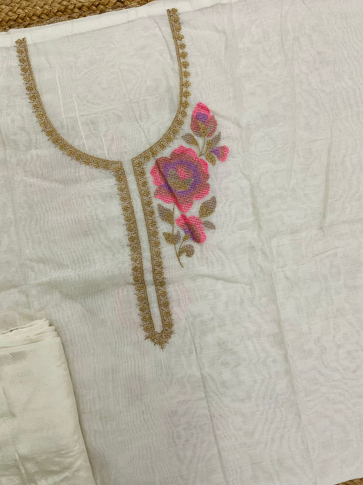 Pure Chanderi Embroidered Suit - Offwhite