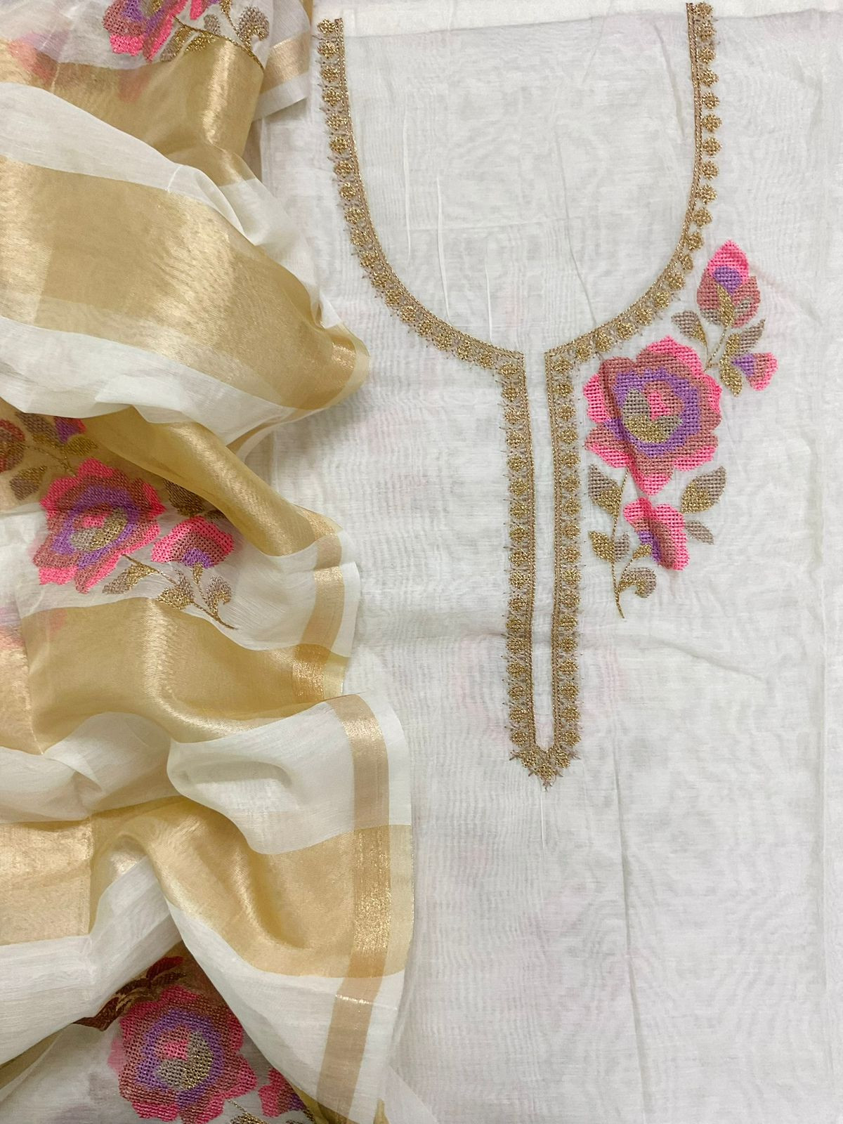 Pure Chanderi Embroidered Suit - Offwhite