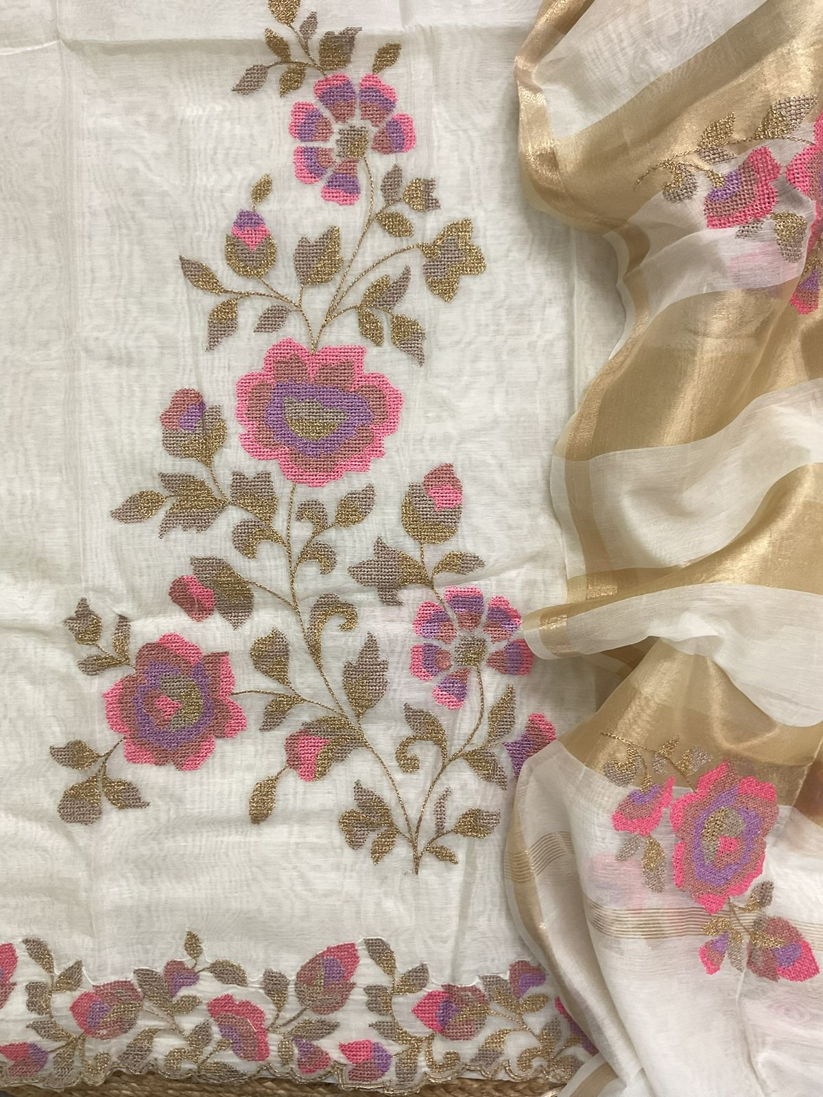 Pure Chanderi Embroidered Suit - Offwhite