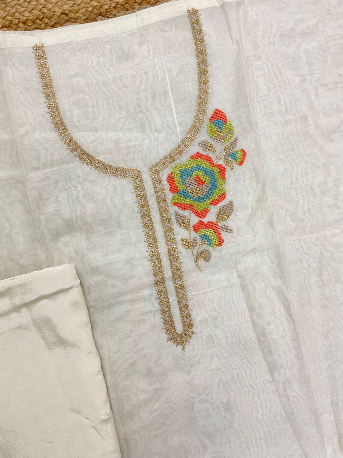 Pure Chanderi Embroidered Suit - Offwhite