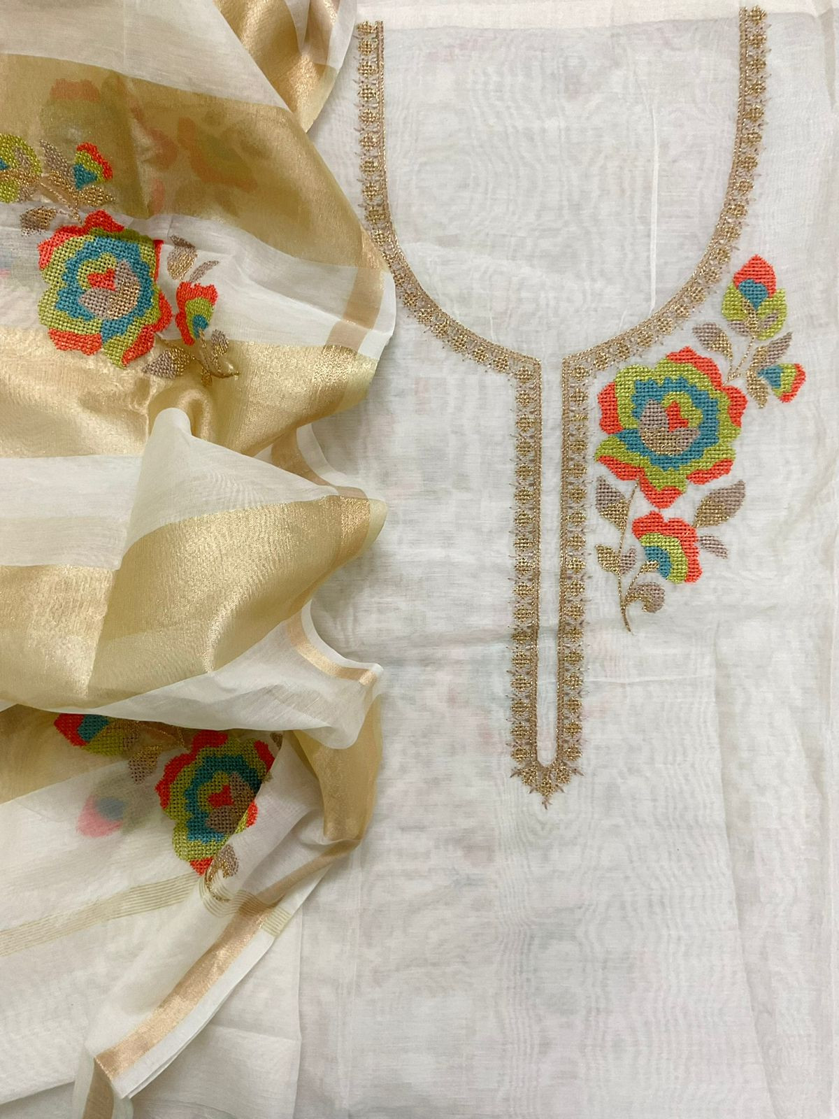 Pure Chanderi Embroidered Suit - Offwhite
