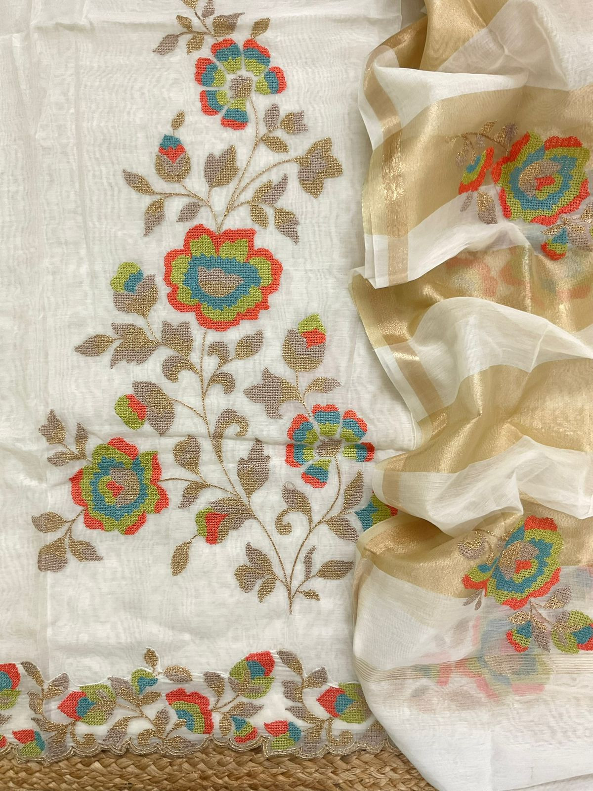 Pure Chanderi Embroidered Suit - Offwhite