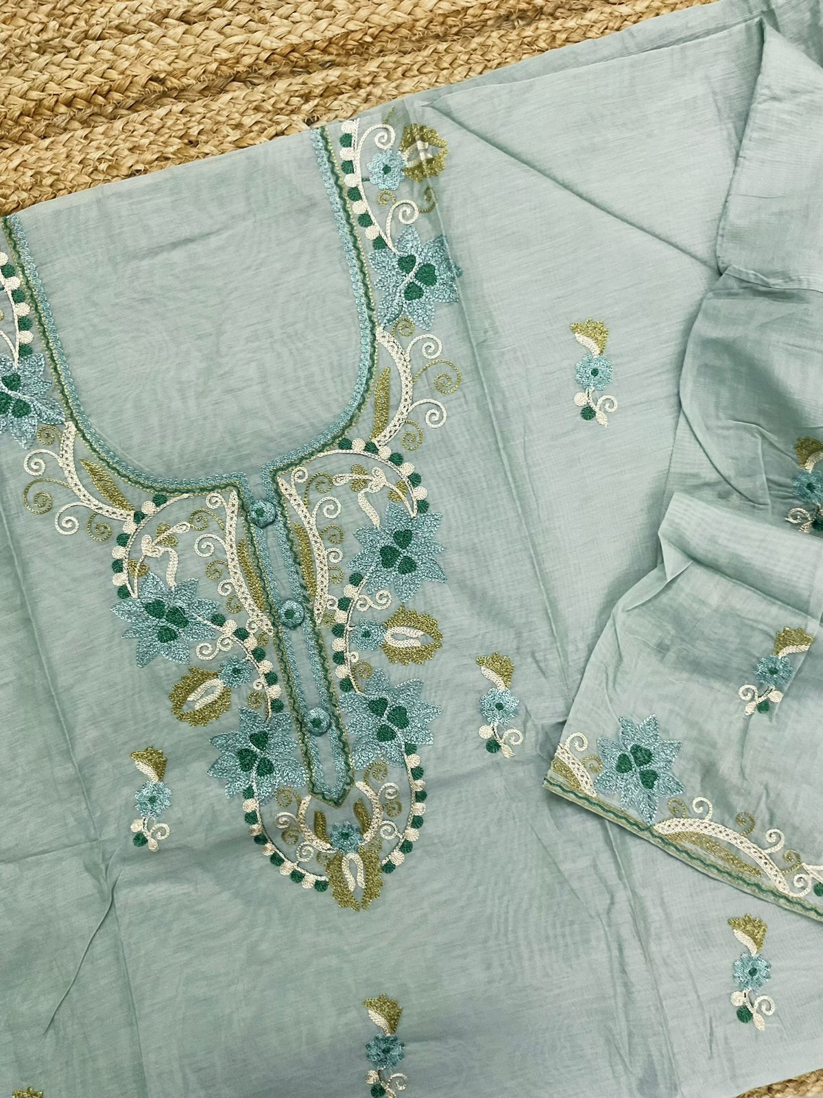 Soft Chanderi Embroidered Suit - Green