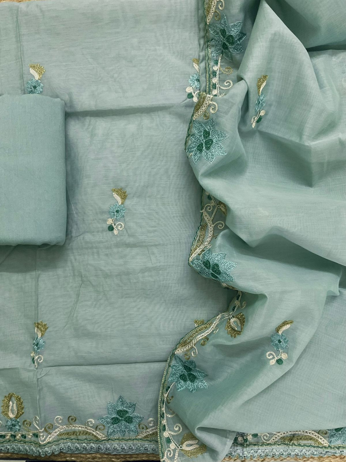 Soft Chanderi Embroidered Suit - Green