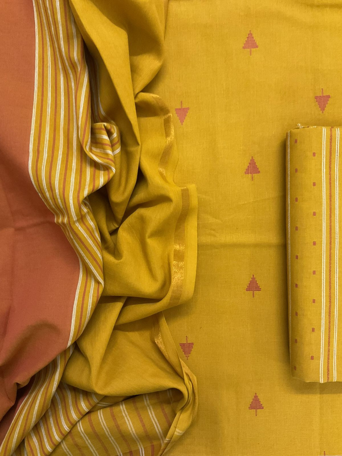 Pure Handloom Cotton Self Weaved Suit - Yellow