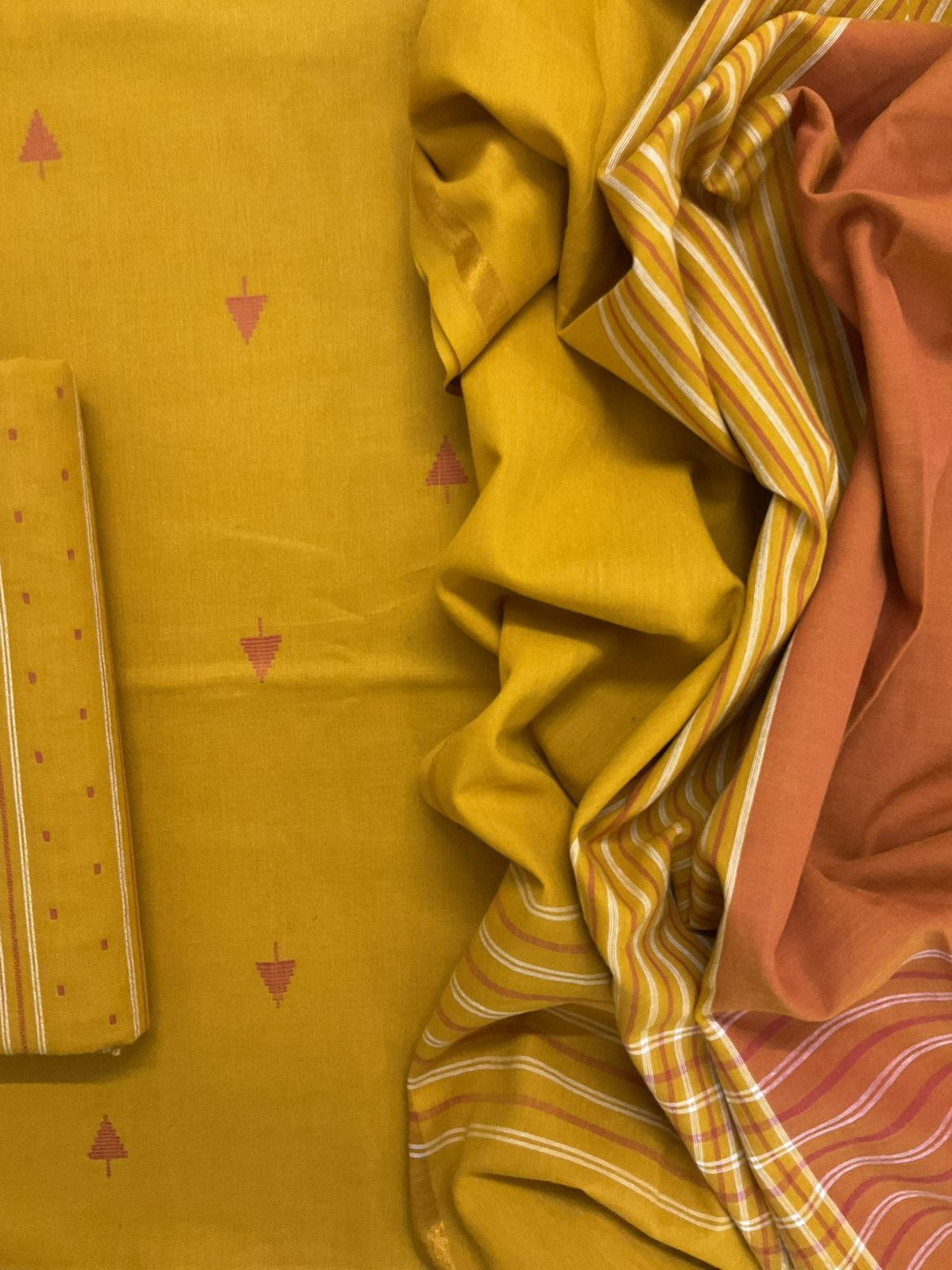 Pure Handloom Cotton Self Weaved Suit - Yellow