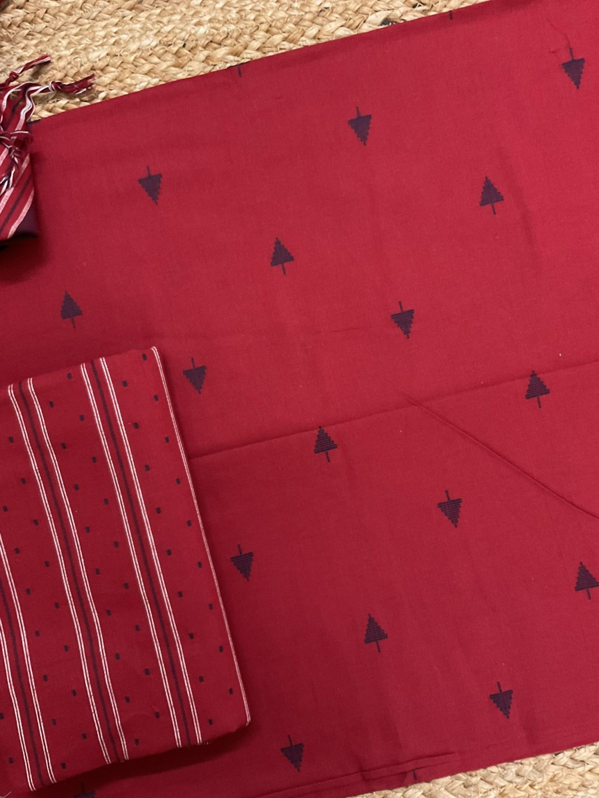 Pure Handloom Cotton Self Weaved Suit - Red