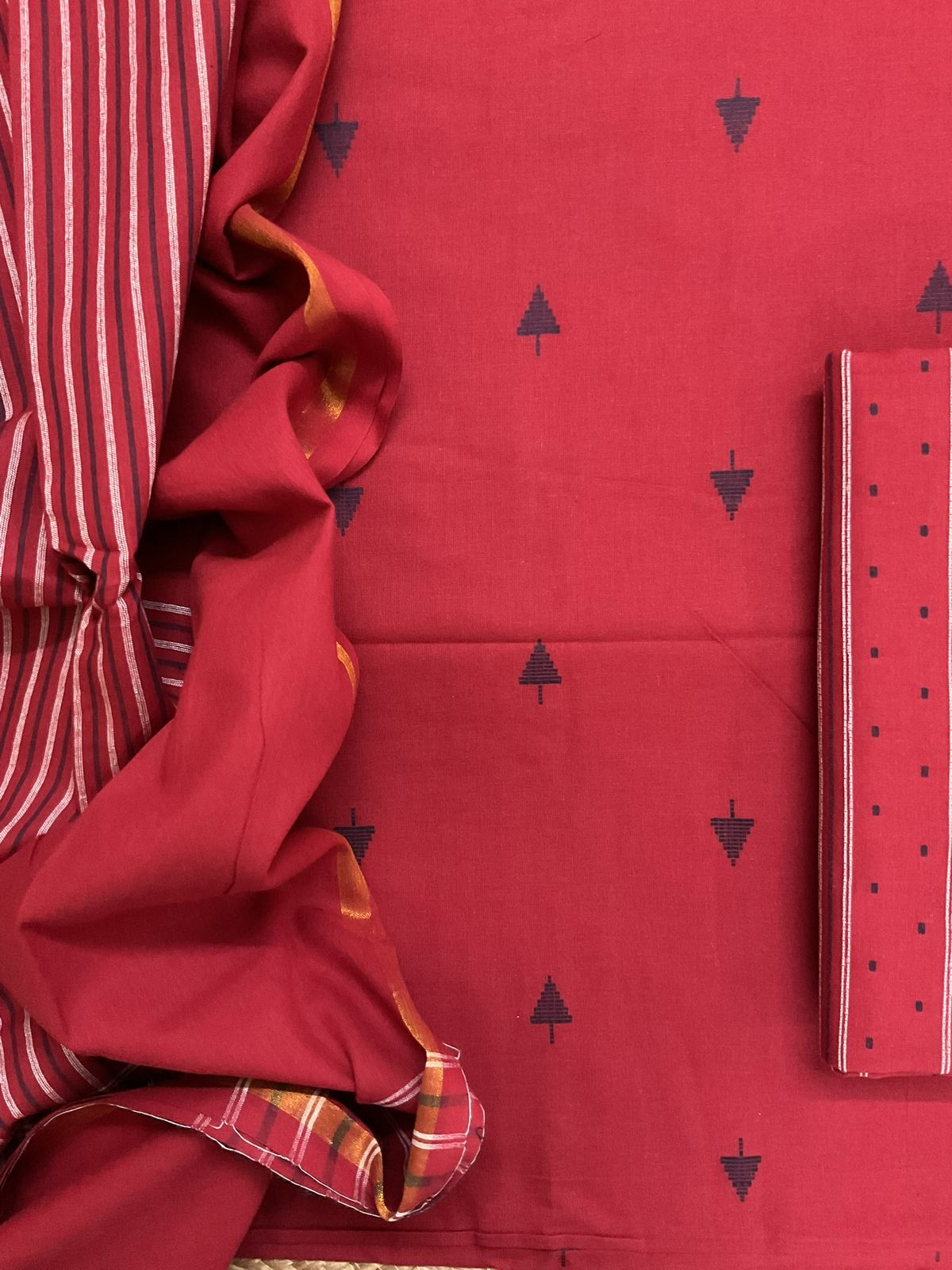 Pure Handloom Cotton Self Weaved Suit - Red