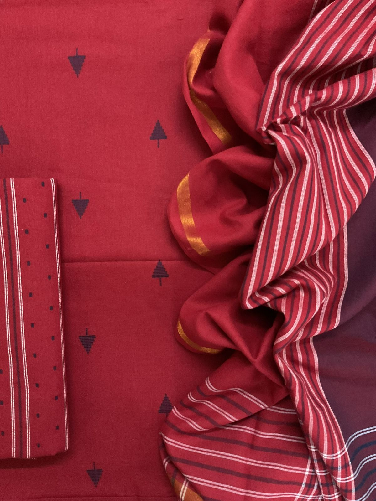 Pure Handloom Cotton Self Weaved Suit - Red