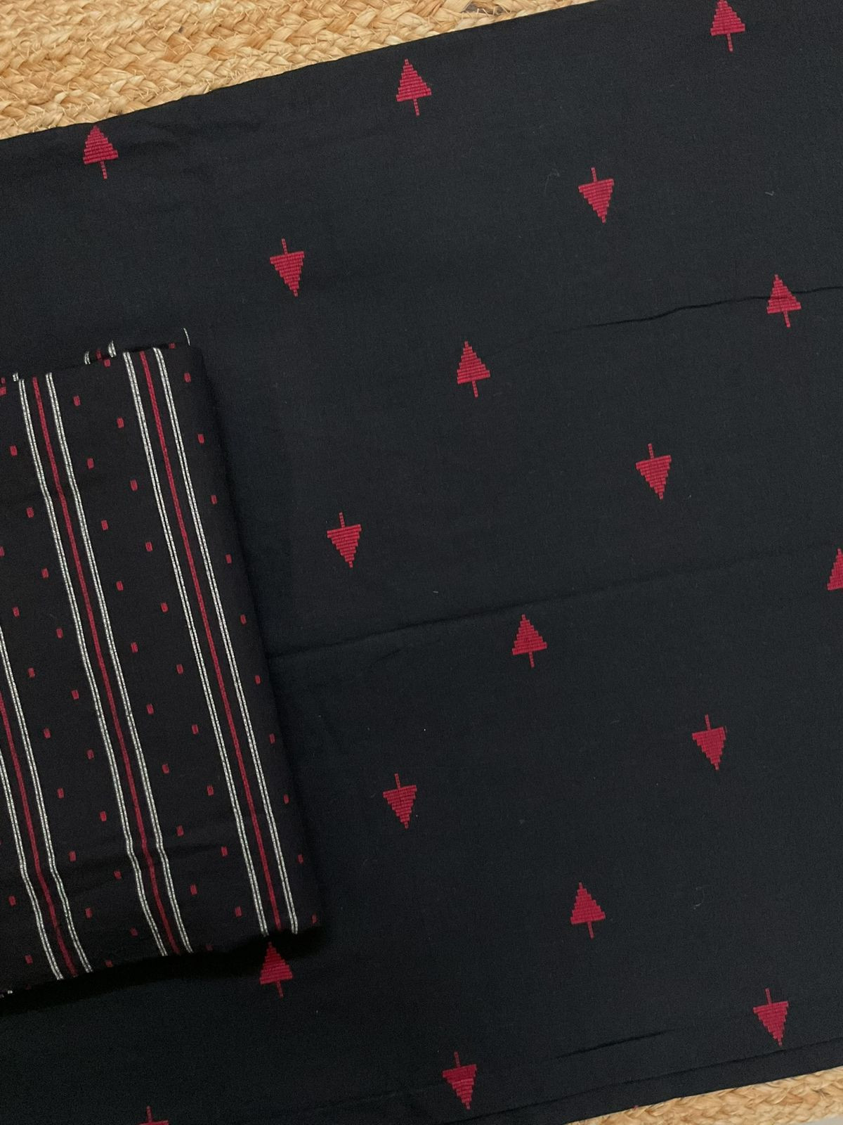 Pure Handloom Cotton Self Weaved Suit - Black