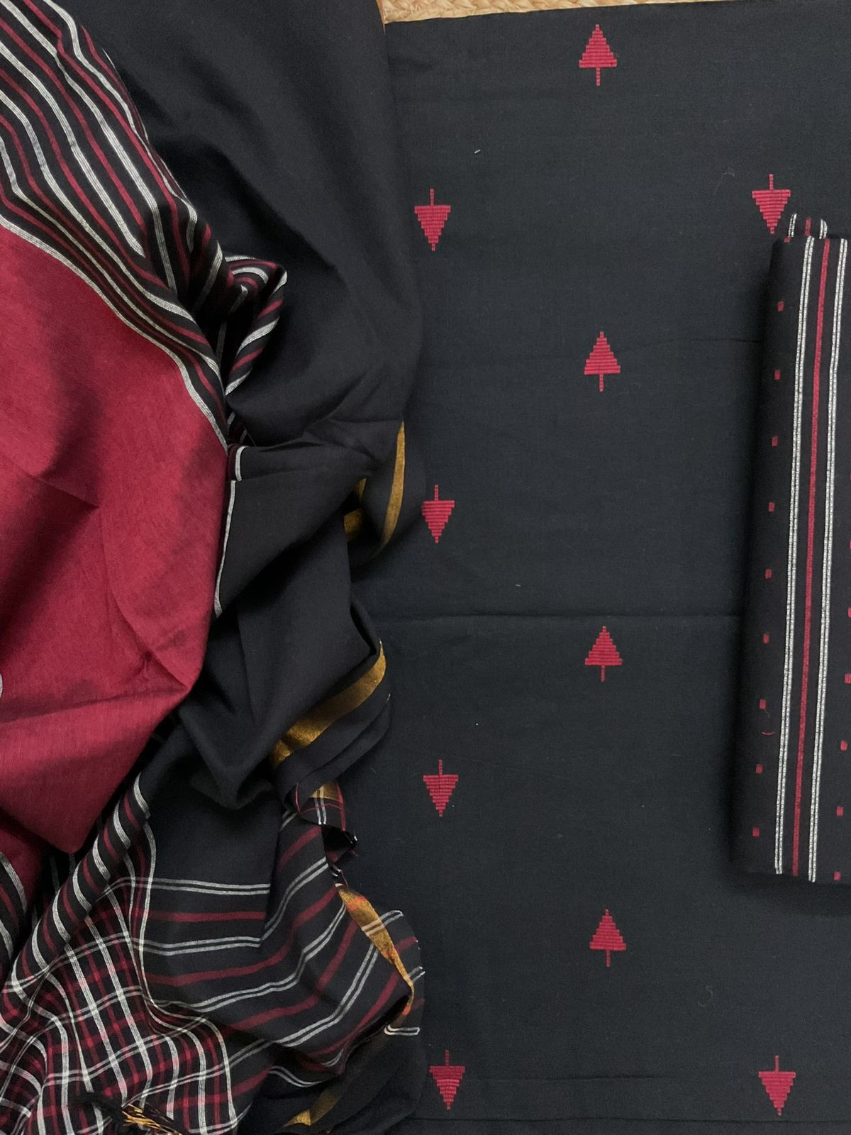 Pure Handloom Cotton Self Weaved Suit - Black